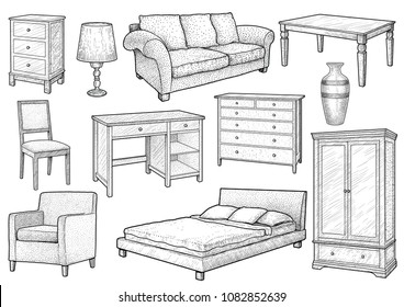 Furniture Collection Illustration, Drawing, Engraving, Ink, Line Art, Vector