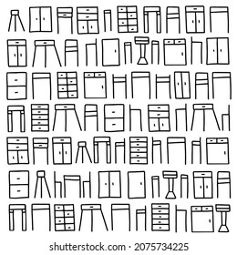 Furniture collection with interior furniture for cafe, kitchen, living, dining room: cupboard, table, chairs isolated on the white. Vector illustration in doodle for kitchen design, wallpaper, print.