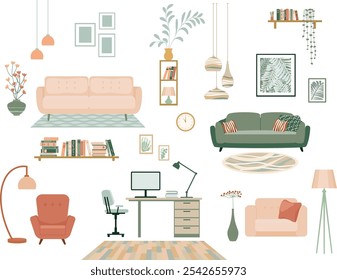 Furniture collection for modern home interior design. Trendy house decor, sofa, couch, chair, armchair and lamp. Apartment room items, decoration. 