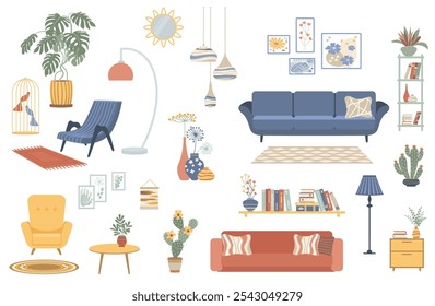 Colección de muebles para el diseño de interiores de hogares modernos. Decoración de la casa de moda, sofá, silla, sillón y lámpara. Artículos de la habitación del apartamento, decoración. 