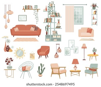 Colección de muebles para el diseño de interiores de hogares modernos. Decoración de la casa de moda, sofá, sofá, silla, sillón, florero y lámpara. Artículos de la habitación del apartamento, decoración. 