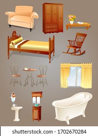 Furniture collection, vector elements, bathtub lathe, washstand, love table, curtain rocking chair bed table sofa wardrobe