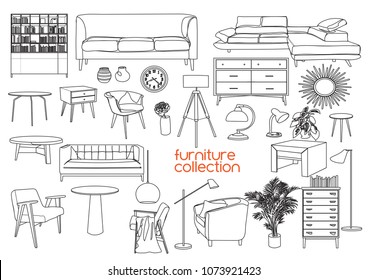 furniture collection. vector interior design elements. outlined furniture drawing. 