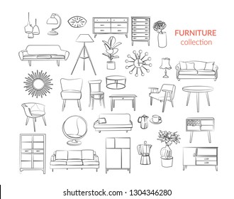 furniture collection. vector interior design elements. outlined furniture drawing. 