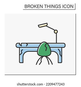 Furniture Color Icon. Smashed Workplace. Destroyed Desk, Lamp And Chair. Vandalism In Office. Broken Things Concept. Isolated Vector Illustration