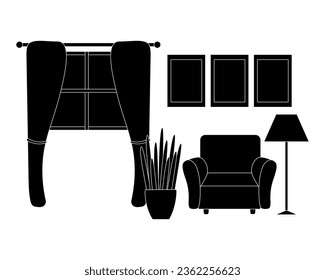 Furniture composition in vector graphics, an armchair, a lamp, a table like a sketch. The home interior of the living room in black and white is isolated on white.