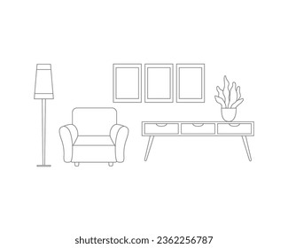 Composición del mobiliario en gráficos vectoriales, sillón, lámpara, mesa como boceto. El interior de la sala de estar, en blanco y negro, está aislado en blanco.