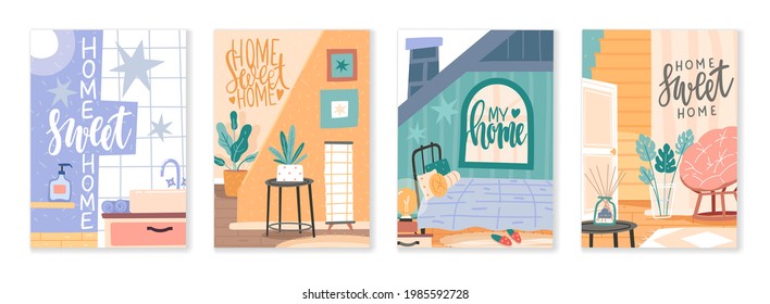 Furniture compositions. Home interior elements with lettering, handwritten quotes, scandi apartment lounge nooks, rooms decor. Vector set