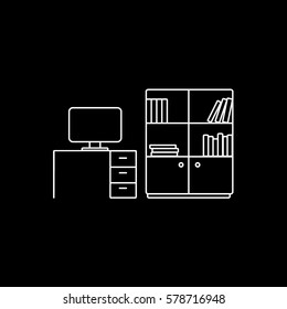 Furniture Computer Table And Bookcase Line Icon On Black Background