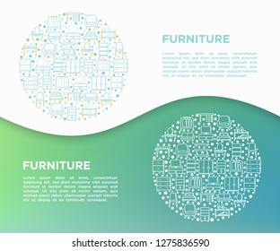 Furniture concept in circle with thin line icons: dressing table, sofa, armchair, wardrobe, chair, table, bookcase, bed, clothes rack. Elements of interior. Vector illustration, print media template.