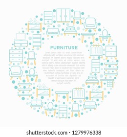 Furniture concept in circle with thin line icons: dressing table, sofa, armchair, wardrobe, chair, table, bookcase, clothes rack, desk. Elements of interior. Vector illustration, print media template.