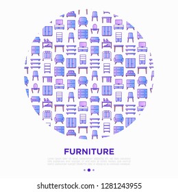 Furniture concept in circle with thin line icons: dressing table, sofa, armchair, wardrobe, chair, table, bookcase, bad, clothes rack. Elements of interior. Vector illustration, print media template.