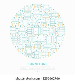 Furniture concept in circle with thin line icons: dressing table, sofa, armchair, wardrobe, chair, table, bookcase, clothes rack, desk, wall shelves. Elements of interior. Vector illustration.