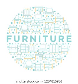 Furniture concept in circle with thin line icons: dressing table, sofa, armchair, wardrobe, chair, table, bookcase, clothes rack, desk, wall shelves. Elements of interior. Vector illustration.