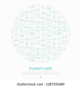 Furniture concept in circle with thin line icons: dressing table, sofa, armchair, wardrobe, chair, table, bookcase,wall shelves. Elements of interior. Vector illustration, print media template.