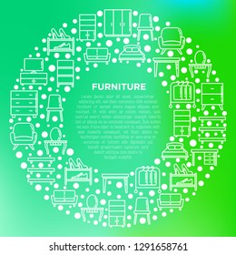 Furniture concept in circle with thin line icons: dressing table, sofa, armchair, wardrobe, chair, table, bookcase, clothes rack, desk, wall shelves. Elements of interior. Vector illustration.