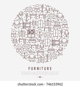 Furniture concept in circle with thin line icons of coach, bookcase, bed, dresser, chair, lamp, floor hanger. Modern vector illustration for banner, web page, print media.