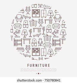 Furniture concept in circle with thin line icons of coach, bookcase, bed,  dresser, chair, lamp, floor hanger. Modern vector illustration for banner, web page, print media.