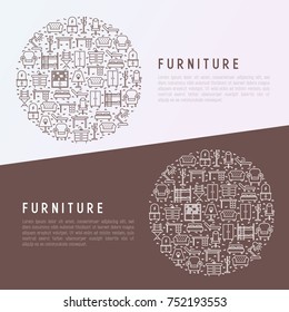 Furniture concept in circle with thin line icons of coach, bookcase, bed,  dresser, chair, lamp, floor hanger. Modern vector illustration for banner, web page, print media.