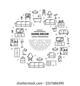 Furniture concept with outline icons for home decor, furniture store, equipment. Flat vector design. Modern graphic design. Home accessories. House appliences