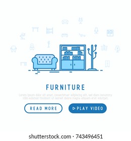Furniture concept. Template for web page with thin line icons of coach, bookcase and floor hanger. Modern vector illustration.