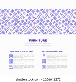 Furniture concept with thin line icons: dressing table, sofa, armchair, wardrobe, chair, table, bookcase, bad, clothes rack, desk. Elements of interior. Vector illustration, print media template.