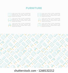 Furniture concept with thin line icons: dressing table, sofa, armchair, wardrobe, chair, table, bookcase, bad, clothes rack, desk. Elements of interior. Vector illustration, print media template.