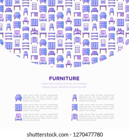 Furniture concept with thin line icons: dressing table, sofa, armchair, wardrobe, chair, table, bookcase, bad, clothes rack, desk. Elements of interior. Vector illustration, print media template.