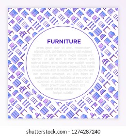 Furniture concept with thin line icons: dressing table, sofa, armchair, wardrobe, chair, table, bookcase, bed, clothes rack, desk, wall shelves. Elements of interior. Vector illustration,.