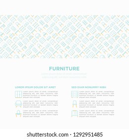 Furniture concept with thin line icons: dressing table, sofa, armchair, wardrobe, chair, table, bookcase, desk, wall shelves. Elements of interior. Vector illustration, print media template.