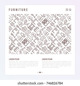 Furniture concept with thin line icons of coach, bookcase, bed,  dresser, chair, lamp, floor hanger. Modern vector illustration for banner, web page, print media.