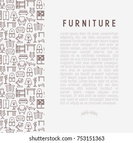 Furniture concept with thin line icons of coach, bookcase, bed,  dresser, chair, lamp, floor hanger. Modern vector illustration for banner, web page, print media.