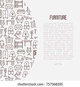 Furniture concept with thin line icons of coach, bookcase, bed,  dresser, chair, lamp, floor hanger. Modern vector illustration for banner, web page, print media.