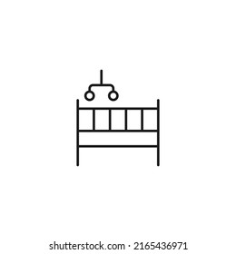 Furniture concept. Vector sign in flat style and editable stroke. Perfect for stores, shops, banners, web sites. Line icon of infant bed 