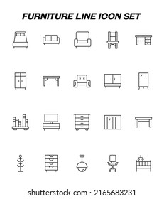 Furniture concept. Vector sign in flat style and editable stroke. Line icon set with symbols of bed, sofa, armchair, chair, office desk, wardrobe, mirror, book shelf, coat rack, lamp 