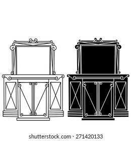 Furniture console table, mirror with frame, cabinet with drawers front view closeup, line art, black silhouette,  hand drawn vintage set isolated on white background 