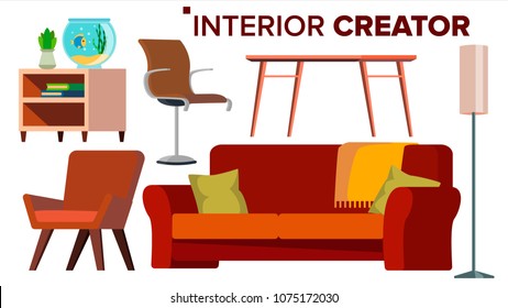Furniture Creator Vector. Living Room. Modern Chair Objects. Sofa, Armchair, Lamp, Table, Bedside Table. Isolated Flat Cartoon Illustration
