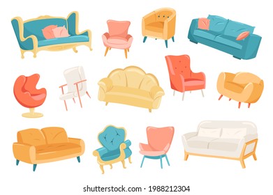 Furniture cute stickers isolated set. Collection of armchairs and sofas of different types with pillows. Stylish modern interior design for home or office. Vector illustration in flat cartoon design