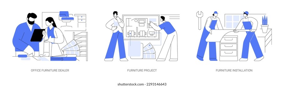 Conjunto de ilustración vectorial de concepto abstracto de concesionarios de muebles. Distribuidor de muebles de oficina, proyecto de renovación de salas, montaje e instalación de mesas, metáfora abstracta del acuerdo de distribuidor.