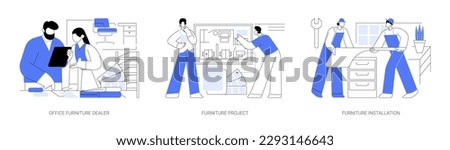 Furniture dealership business abstract concept vector illustration set. Office furniture dealer, room renovation project, table assembling and installation, distributor agreement abstract metaphor.