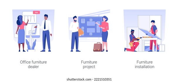 Furniture dealership business isolated concept vector illustration set. Office furniture dealer, room renovation project, table assembling and installation, distributor agreement vector cartoon.