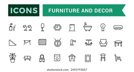 Furniture and Decor icons collection. Outline icons pack. Editable vector icon set and illustration for web and UI.