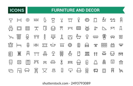 Furniture and Decor icons collection. Outline icons pack. Editable vector icon set and illustration for web and UI.