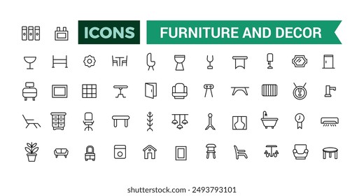 Furniture and Decor icons collection. Outline icons pack. Editable vector icon set and illustration for web and UI.