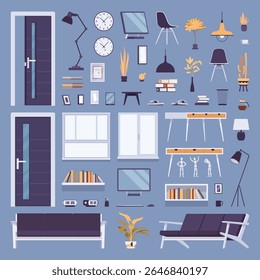 Furniture, decor for office coworking, meeting room, home objects pack. Furnish studio apartment artwork, decorative items, organizing studio interior design. Vector illustration on blue background