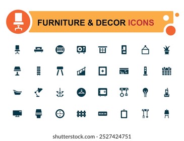 Furniture and decor solid icons set. Glyph icon collection for web and ui. Filled icon pack, Vector illustration. Editable and Pixel perfect.