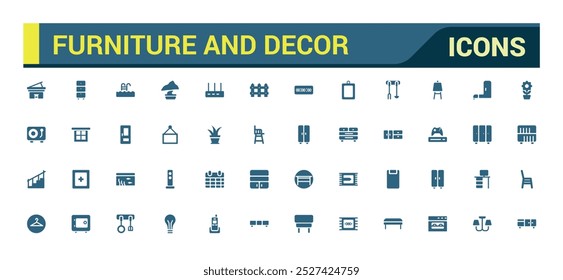 Furniture and decor solid icons set. Glyph icon collection for web and ui. Filled icon pack, Vector illustration. Editable and Pixel perfect.