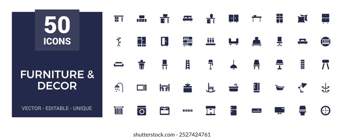 Furniture and decor solid icons set. Glyph icon collection for web and ui. Filled icon pack, Vector illustration. Editable and Pixel perfect.