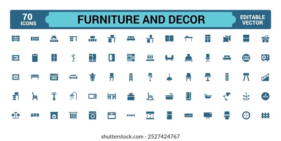 Mobília e decoração conjunto de ícones sólidos. Coleção de ícones de glifo para Web e interface do usuário. Pacote de ícones preenchido, ilustração de vetor. Editável e Pixel perfeito.