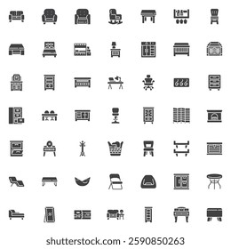 Furniture and decor vector icons set, modern solid symbol collection, filled style pictogram pack. Signs, logo illustration. Set includes icons as Sofa, Armchair, Chair, Table, Bed, Dresser, Rack